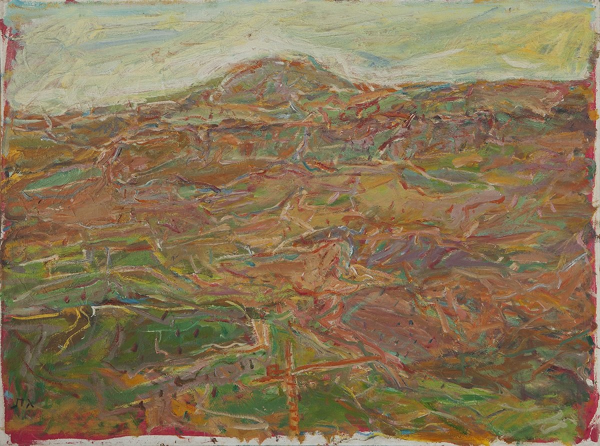 נוף צפת עם עגורן, 1978, צבעי שמן על בד