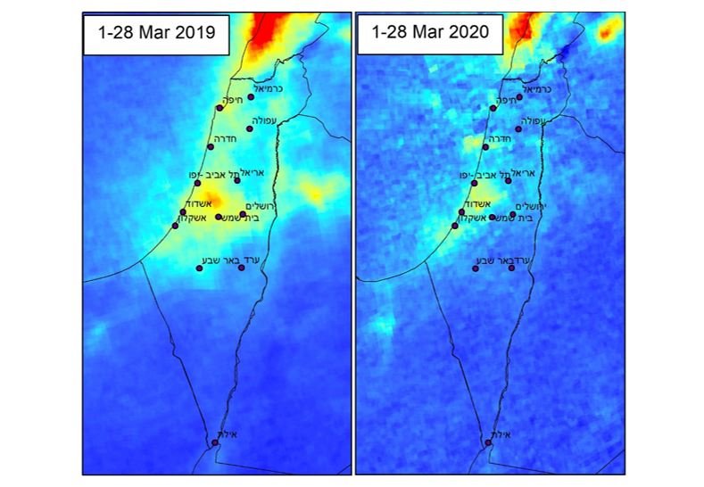 מפות לוויין של ריכוזים ממוצעים- מרץ 2020 מול מרץ 2019. מתוך אתר המשרד להגנת הסביבה